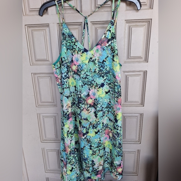 Xhileration Dress Spaghetti Cross Straps SzL Aqua Floral Print Pretty Summer - Picture 1 of 10